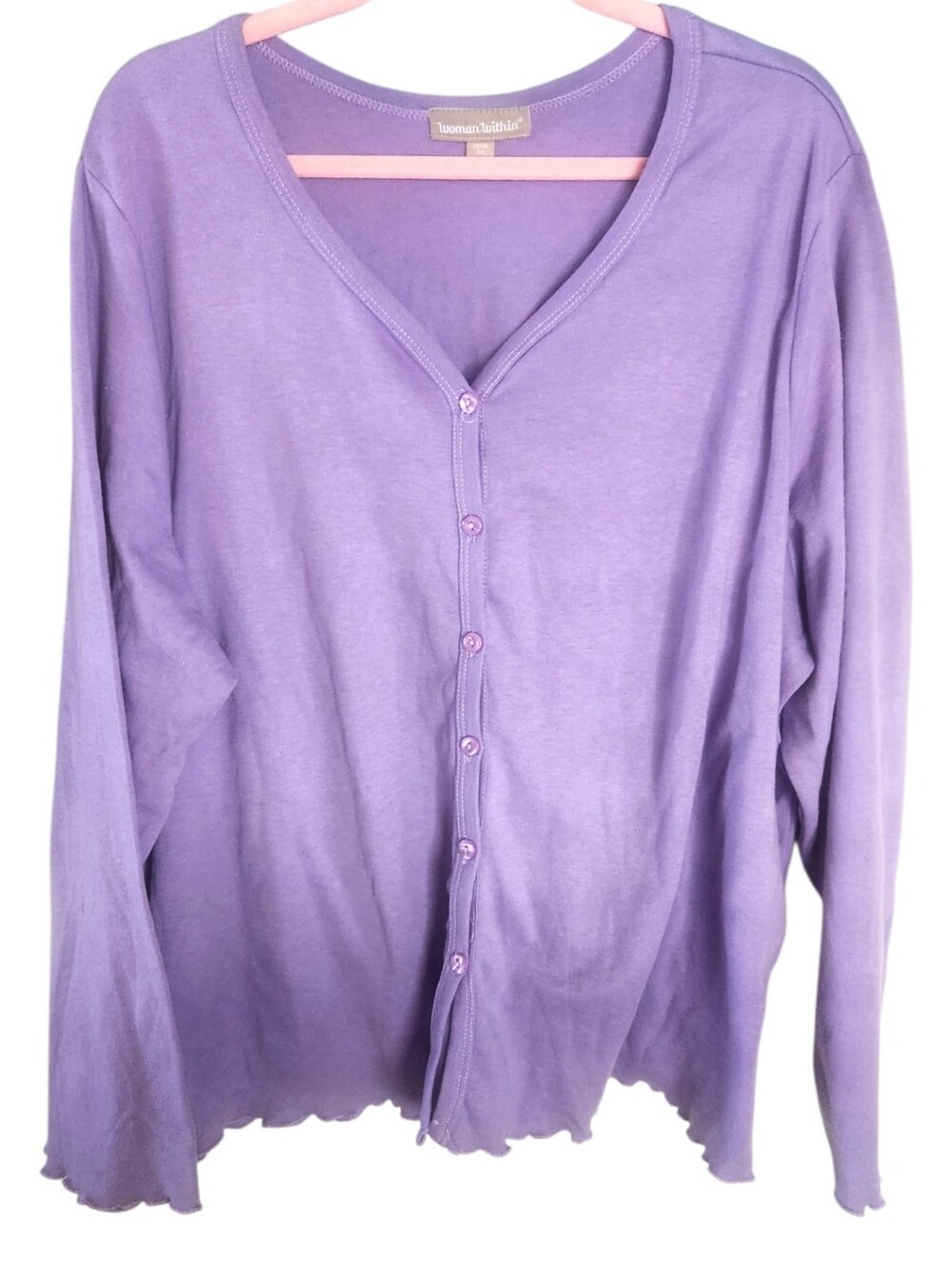 Woman Within Lightweigh Lavender V-neck Button-Up Cardigan Lettuce Trim Sz 2X
